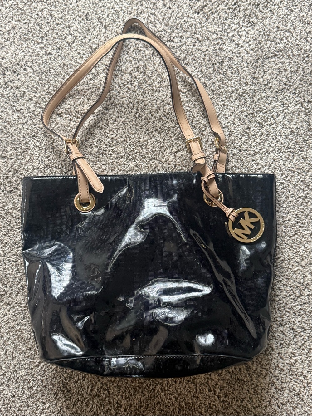 Michael Kors Black Patent Tote with Tan Straps and Gold Hardware